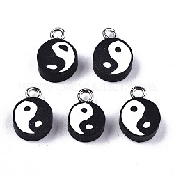 Handmade Polymer Clay Charms, with Platinum Tone Iron Findings, Flat Round with Yin Yang, Black, 13~14x9~10x4.5mm, Hole: 1.8mm