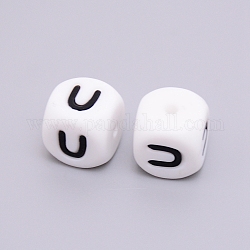 Perlas de silicona, cubo con letter.u, blanco, 12x12x12mm, agujero: 2 mm
