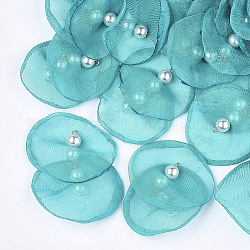 Organza Fabric Pendants, with Iron Findings and ABS Plastic Imitation Pearl, Light Gold, Dark Turquoise, 40~55x43~53mm, Hole: 2mm