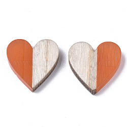 Cabujones de resina y madera de dos tonos, corazón, coral, 15x14.5x3mm