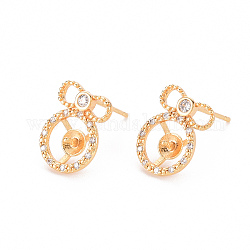 Brass Micro Pave Clear Cubic Zirconia Earring Findings, for Half Drilled Beads, Nickel Free, Real 18K Gold Plated, 13x10mm, Pin: 0.8mm, Pin: 1mm(for Half Drilled Beads)