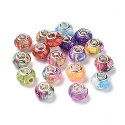 Transparente europäische Rondellperlen aus Harz, Großloch perlen, mit Doppelkernen aus Fimo und platinfarbener Legierung, Mischfarbe, 14x8.5 mm, Bohrung: 5 mm