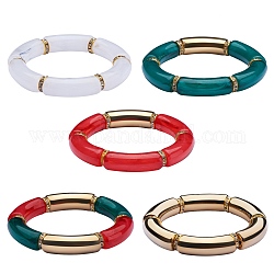 5шт 5 цвета акриловые изогнутые трубки стрейч браслеты набор, массивные рождественские браслеты для женщин, разноцветные, внутренний диаметр: 2-1/8 дюйм (5.5 см), 1 шт / цвет
