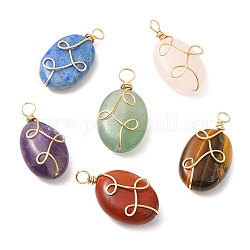 6Pcs Natural Mixed Gemstone Pendants, Oval Charms with Eco-Friendly Light Gold Plated Copper Wire Wrapped, 17.5~18.5x9~9.5x4.5~6mm, Hole: 1.8mm