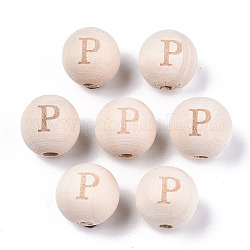Perle europee di legno naturale non finito, perline con foro grande, motivo inciso al laser, rotondo con la parola, letter.p, 15~16x14~15mm, Foro: 4 mm