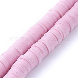 Cuentas hechas a mano de arcilla polimérica heishi, disco / plano y redondo, rosa perla, 8x0.5~1mm, agujero: 2 mm, aproximamente 380~400 pcs / cadena, 17.7 pulgada