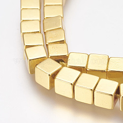 Non-Magnetic Synthetic Hematite Bead Strands, Cube, Golden Plated, 4x4x4mm, Hole: 1mm, about 94pcs/strand, 15.7 inch(40cm)