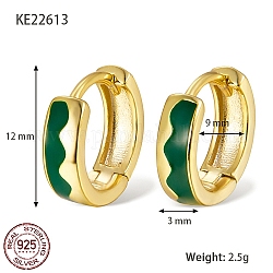 925 Sterling Silver Thick Hoop Earrings, with Enamel, for Women, Real 18K Gold Plated, Dark Green, 12x3mm
