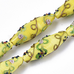 Chapelets de perles vernissées de sable d'or manuels, cahoteuse, riz avec motif de fleurs, jaune, 45~47.5x14.5~15.5mm, Trou: 1.5mm, Environ 10 pcs/chapelet, 17.72 pouce