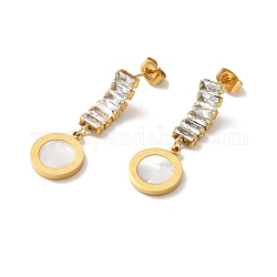 Shell Flat Round Long Dangle Stud Earrings with Glass, Ion Plating(IP) 304 Stainless Steel Jewelry for Women, Golden, 34x12x3mm, Pin: 0.9mm
