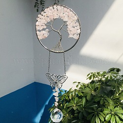 Décoration pendentif en forme de larme de verre, attrape-soleil suspendus, avec arbre de vie en copeaux de quartz rose naturel, pour la décoration de jardin de maison de fenêtre, papillon, 370mm