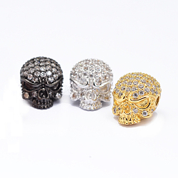 Brass Micro Pave Cubic Zirconia Beads, Skull, Lead Free & Nickel Free & Cadmium Free, Clear, Mixed Color, 13x10x10mm, Hole: 1.5mm