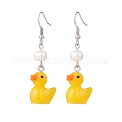 Gold Resin Duck with Natural Pearl Beaded Dangle Earrings, 316 Surgical Stainless Steel Jewelry for Women, Stainless Steel Color, 53mm, Pin: 0.7mm