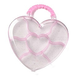 Cajas de joyas de plástico de corazón, 7 rejillas con mango de cuentas de plástico, cubierta transparente, rosa, 13.7x14.2x2.2 cm, 7 compartimentos / caja