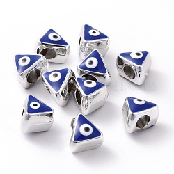 Ccb Kunststoff-Perlen, mit Emaille, Platin Farbe, Dreieck mit bösen Blick, Blau, 11.5x11.5x9.5 mm, Bohrung: 4.8 mm