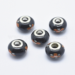 Handmade Polymer Clay European Beads, with Silver Color Plated Brass Cores, Large Hole Beads, Rondelle with Flower Pattern, Black, 13~16x8~11mm, Hole: 4.5~5mm