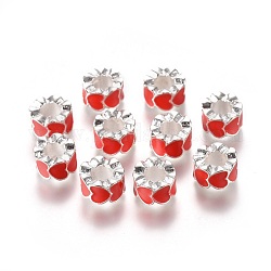 Alloy Enamel European Beads, Large Hole Beads, Column, Silver Color Plated, Red, 10x6mm, Hole: 5mm