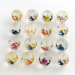 Blumenbild gefrostet transparent Glas runde Perlen, Mischfarbe, 14x13 mm, Bohrung: 1.5 mm