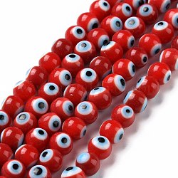 Hechos a mano de cristal de murano mal ojo hebras de perlas redondas, rojo, 6mm, agujero: 1 mm, aproximamente 64 pcs / cadena, 14.57 pulgada (37 cm)