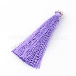 Décoration de gros pendentifs de gland de fil de nylon, avec les accessoires en laiton, or, support violet, 63~66x7mm, Trou: 7mm