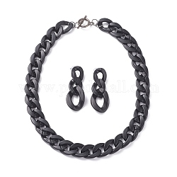 Collar de cadena de plástico y acrílico ccb y aretes colgantes, conjunto de joyas gruesas con alfiler de acero inoxidable para mujer, negro, 18.50 pulgada (47 cm), 52x21x6mm, pin: 0.9 mm