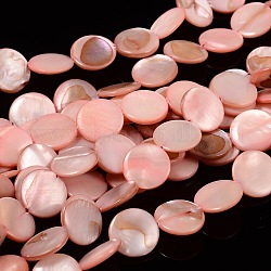 Chapelets de perles de coquillage naturel, teinte, plat rond, rose, environ 14 mm de diamètre, épaisseur de 3mm, Trou: 2mm, 28 pcs / chapelet, 16 pouce