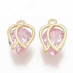 Latón charms de circonio cúbico, flor, sin níquel, real 18k chapado en oro, rosa perla, 12x8x5mm, agujero: 1 mm