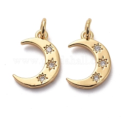 Brass Micro Pave Clear Cubic Zirconia Charms, with Jump Rings, Moon with Star, Golden, 13.5x9.5x1.5mm, Hole: 3mm