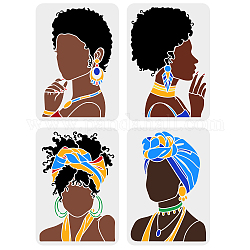 Fingerinspire 4 pz stencil per pittura bellezza ragazza tribale africana 11.7x8.3 pollici silhouette viso ragazza stencil riutilizzabile animale domestico scava fuori modello artigianale per dipingere su mobili in legno a parete