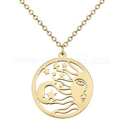 Collier pendentif étoile et soleil céleste en acier titane, collier amulette motif porte-bonheur, cadeau de bijoux de collier creux rond plat pour les femmes, or, 17.72 pouce (45 cm)