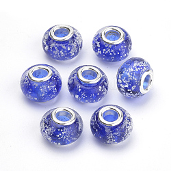 Handmade lampwork europäischen Leuchtperlen, mit Messing-Doppelkerne, Großloch perlen, Rondell, Blau, 14~14.5x10~11 mm, Bohrung: 5 mm