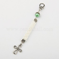 Glass Pearl Pendant Decorations Backpack Charms, with Tibetan Style Cross Pendants, Korean PU Cord and Alloy Lobster Claw Clasps, Medium Sea Green, 110mm
