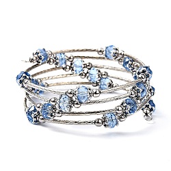 Bracelets enroulés à la mode, avec des perles de verre rondelles, Coupelles de style tibétain , laiton perles de tubes et de fils d'acier de la mémoire, bleuet, diamètre intérieur: 2-1/8 pouce (5.5 cm)