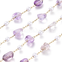 304 Stainless Steel Link Chains, with Glass Pearl & Natural Ametrine Nuggets Beads, Long-Lasting Plated, Unwelded, with Spool, Golden, Stone: 5~9.5x5~11x3.5~7.5mm, about 32.8 Feet(10m)/roll
