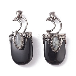Pendentifs en obsidienne noire naturelles, avec les accessoires en laiton, ovale, gunmetal, 44~46x20~21x16~17mm, Trou: 5x7mm