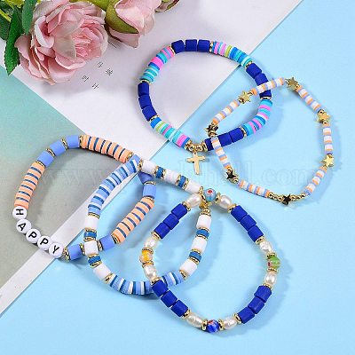 Set di 5 braccialetti con perline in argilla morbida, fatti a mano, braccialetto bohémien, catena da polso estiva, gioielli a mano, gioielli colorati in argilla morbida, gioielli alla moda, accessori