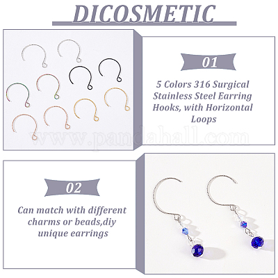 Wholesale DICOSMETIC 50Pcs Earring Hooks 5 Colors Stainless Steel Fish Hook  Ear Wire with Loop Hole Black/Gold/Rose Gold/Rainbow Color Dangle Earrings  Findings for DIY Earring 