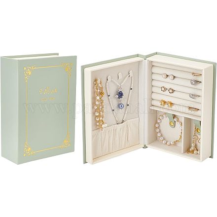 AHANDMAKER Jewelry Organizer Box Book Case Portable Jewelry Storage Book Book Foldable Design Jewelry Holder Jewelry Case for Earrings Bracelet Necklace Rings(Light Green) LBOX-WH0002-04B-1