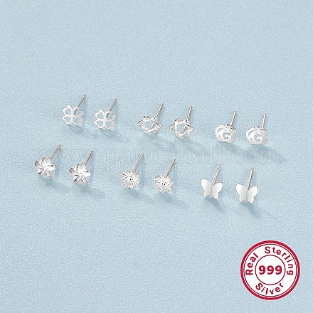 6 paires 6 styles 999 ensembles de boucles d'oreilles en argent fin pour femmes EJEW-F317-34P-1