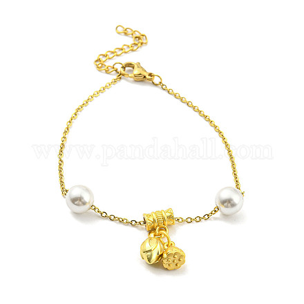 Pulsera con dijes de latón chapado en oro real de 18k con cuentas de perlas de imitación de plástico BJEW-D030-04A-G-1