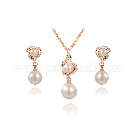Real Rose Gold Plated Fashion Eco-Friendly Alloy Pearl Flower Necklaces and Stud Earrings Jewelry Sets SJEW-AA00031-017RG-1