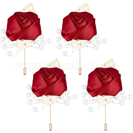 CRASPIRE Set of 4 Red Boutonnieres Groom and Best Man Boutonniere Rose Buttonhole Ribbon Flower Set for Groom Groomsmen Wedding Prom JEWB-WH0010-12B-1