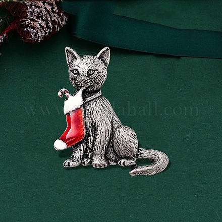 クリスマステーマのエナメルブローチピン  バックパック服の合金バッジ  猫の形  43x52mm HAWE-PW0002-12E-1