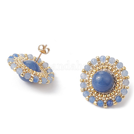 Natural Blue Aventurine & Seed Braided Flower Stud Earrings EJEW-MZ00076-1