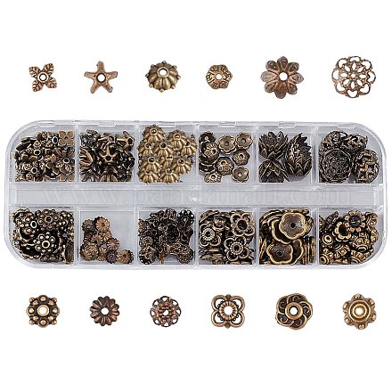 SUNNYCLUE 240Pcs 12 Styles Spacer Flower Beads Caps Antique Bronze Beads Mixed Tibetan Beads for Jewellery Making DIY Keyring Bracelet Necklace Earring IFIN-SC0001-12-1