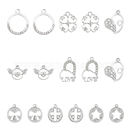 CHGCRAFT 32Pcs 8Styles Rhinestone Charm Pendant Valentine's Day Alloy Pendants Heart Flat Round Clover Ring for Bracelets Earrings Necklaces Pendants Findings DIY Jewelry Making FIND-CA0006-73-1