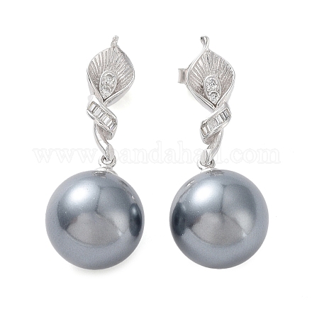 Shell Pearl Round Dangle Stud Earrings with Cubic Zirconia EJEW-Z024-06P-1