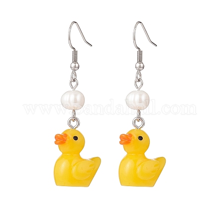 Gold Resin Duck with Natural Pearl Beaded Dangle Earrings EJEW-TA00147-1