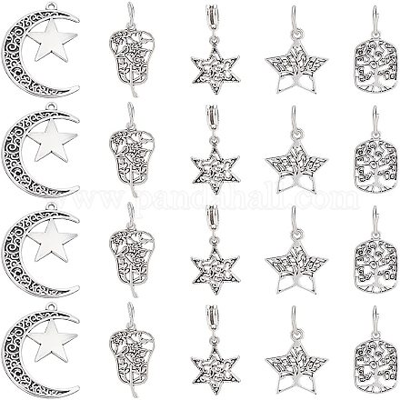 SUPERFINDINGS 50pcs 5 Styles Tibetan Style Alloy Pendants Antique Silver Tree of Life Charms Star Moon Pendants for Bracelet Necklace Jewelry Making PALLOY-FH0001-75-1