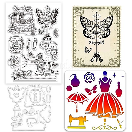 GLOBLELAND 3Pcs Sewing Theme Silicone Clear Stamps Metal Skirt Cutting Die Cuts PET Craft Stencils Template for Card Making and DIY Embossing Scrapbooking Craft Decor DIY-GL0004-55-1